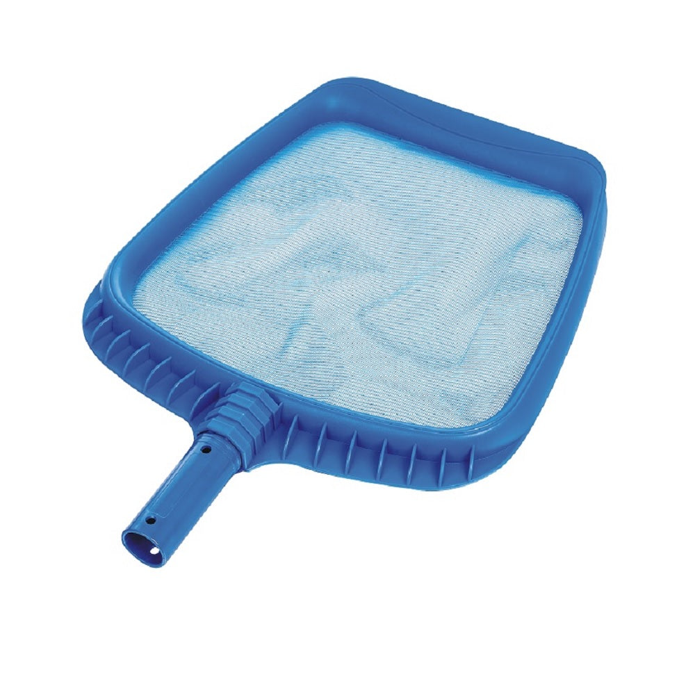 Blue plastic pool leaf skimmer with fine mesh net and ribbed pole connector socket on white background