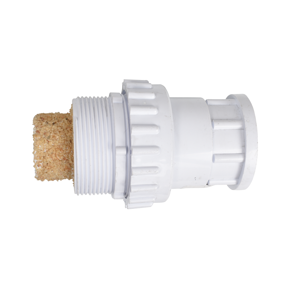 White PVC pool skimmer union fitting with threaded male end and tan sanded cork insert for pool cleaner connection