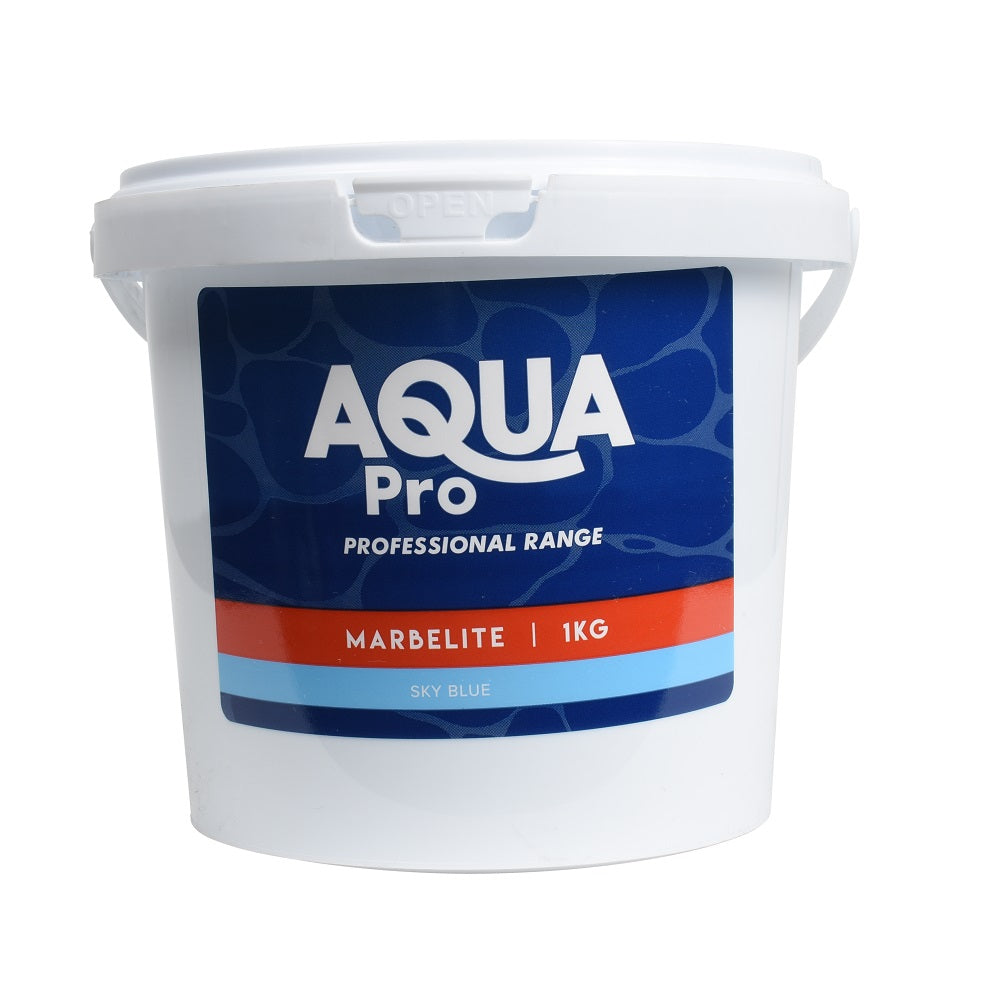 Aqua Pro Marbelite sky blue 1kg white plastic tub with snap-fit lid and navy blue label