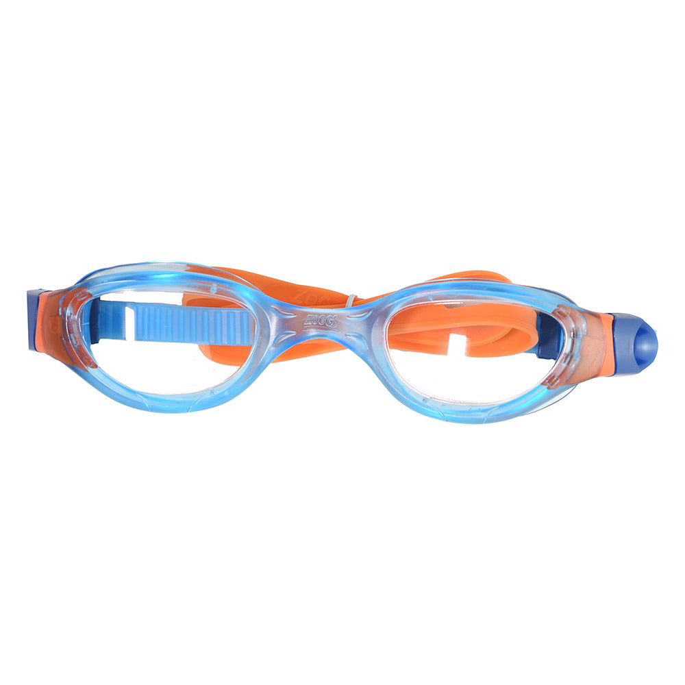 Zoggs Phantom Junior swim goggles in blue and orange with clear lenses and orange silicone strap, front view on white background