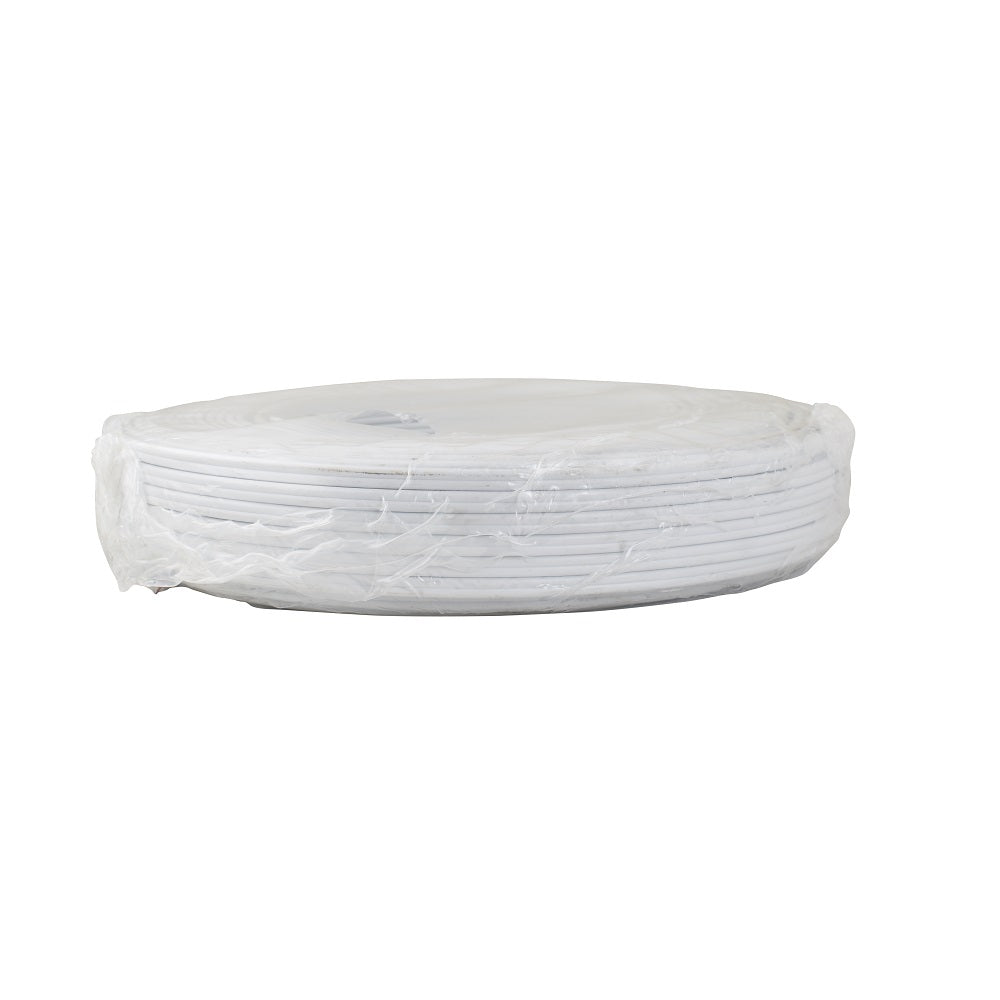 Stack of white Voltex Twin & Earth 1.5mm flat electrical cable coiled and wrapped in clear plastic packaging