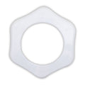 White plastic hexagonal ring nut with rounded edges and central circular aperture, flat profile