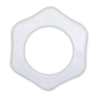 White plastic hexagonal ring nut with rounded edges and central circular aperture, flat profile