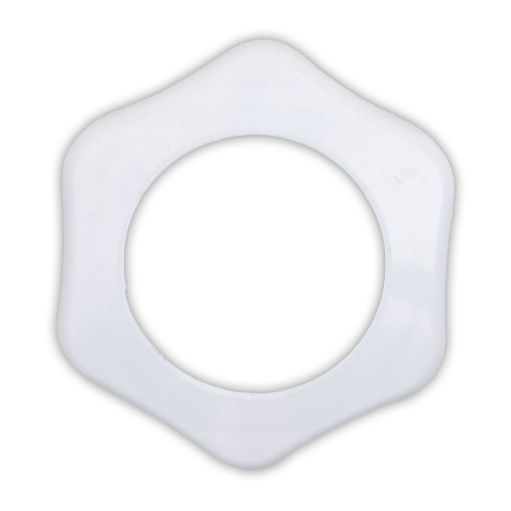 White plastic hexagonal ring nut with rounded edges and central circular aperture, flat profile