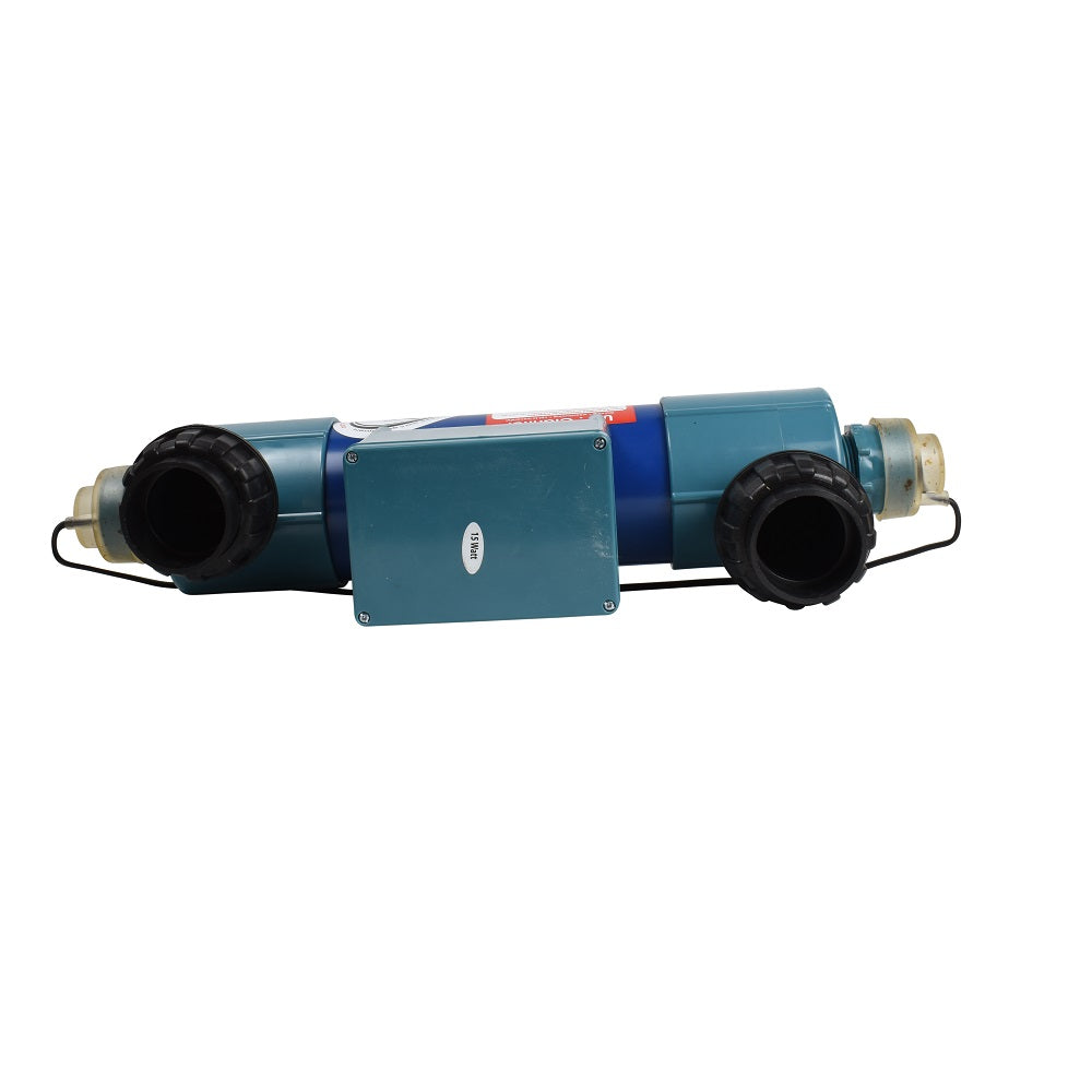 UV water filter 15W teal cylindrical body with black threaded end caps and blue label, 15000 litre capacity
