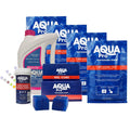 Aqua Pro monthly pool chemical kit with algaecide bottle, pro oxidiser sachets, gel cubes and 4-in-1 water testing strips