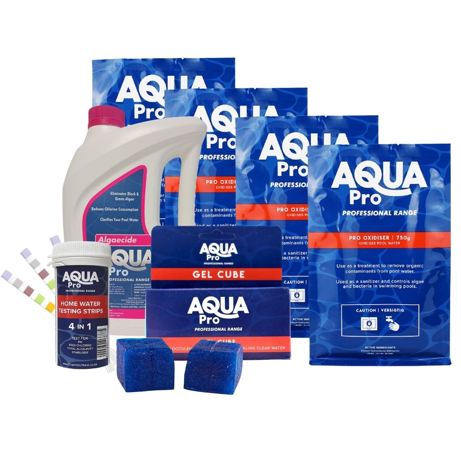 Aqua Pro monthly pool chemical kit with algaecide bottle, pro oxidiser sachets, gel cubes and 4-in-1 water testing strips