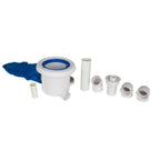 Pool skimmer kit in white plastic with blue filter bag, cylindrical housing, pipe extension, and multiple PVC fittings and adapters