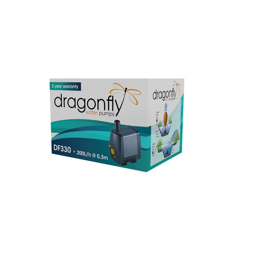 Dragonfly DF330 submersible water pump retail box, teal and white packaging showing dark grey pump unit, 200L/h rating
