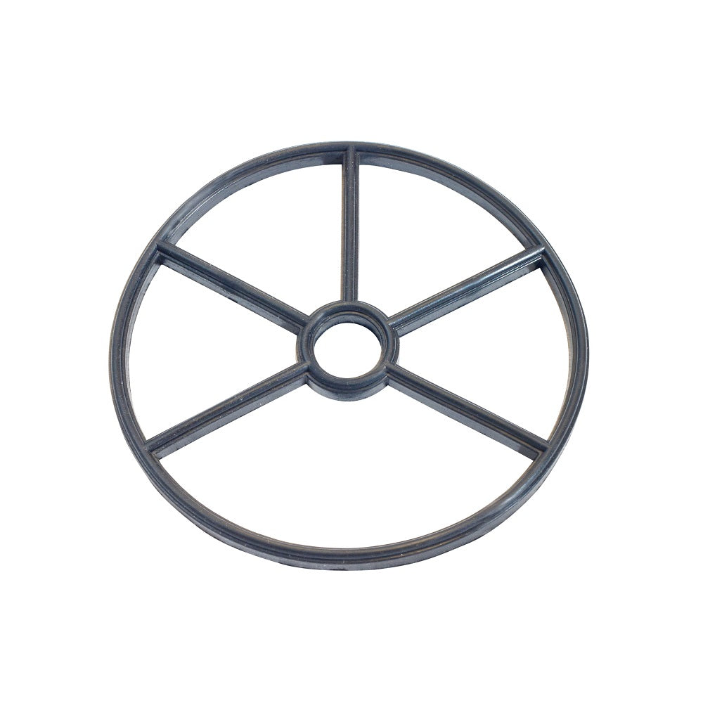 Dark grey rubber wagon wheel gasket with 5 spokes and central hub, isolated on white background