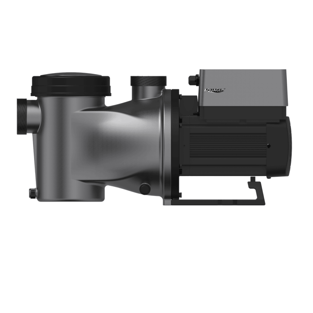 Aquagem InverCaptain Wifi Pool Pump 1.4kw in dark grey and black, side profile on white background