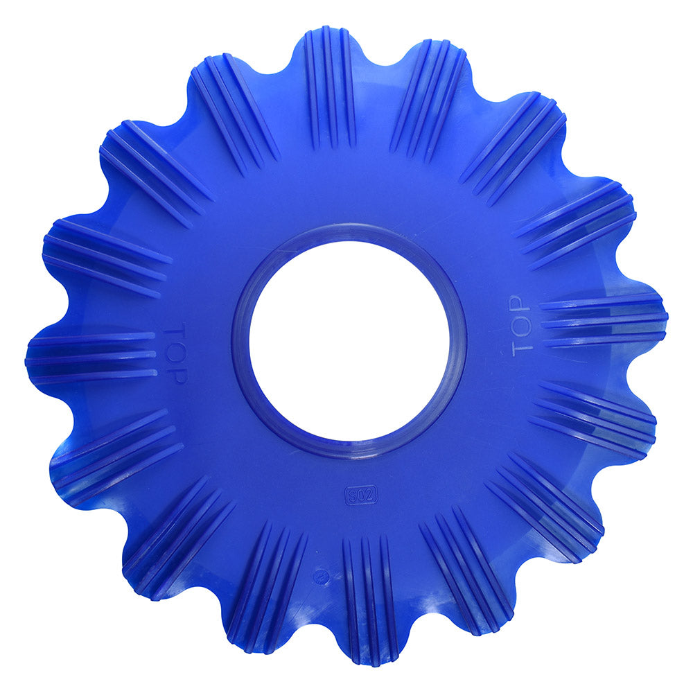 Blue plastic pool cleaner skirt disc with gear-tooth scalloped edge, ribbed surface texture, and central hole, labelled TOP