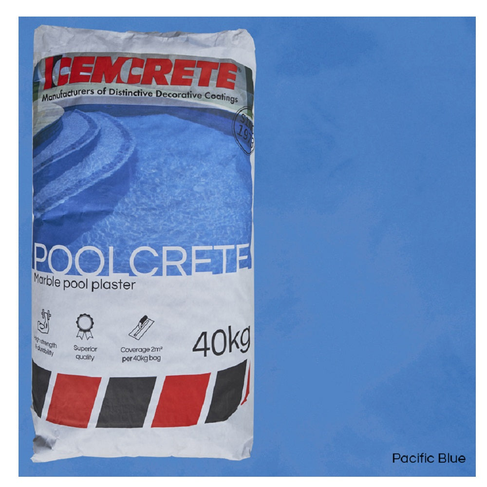 Cemcrete Poolcrete marble pool plaster 40kg bag in Pacific Blue, shown beside a swatch of the finished colour