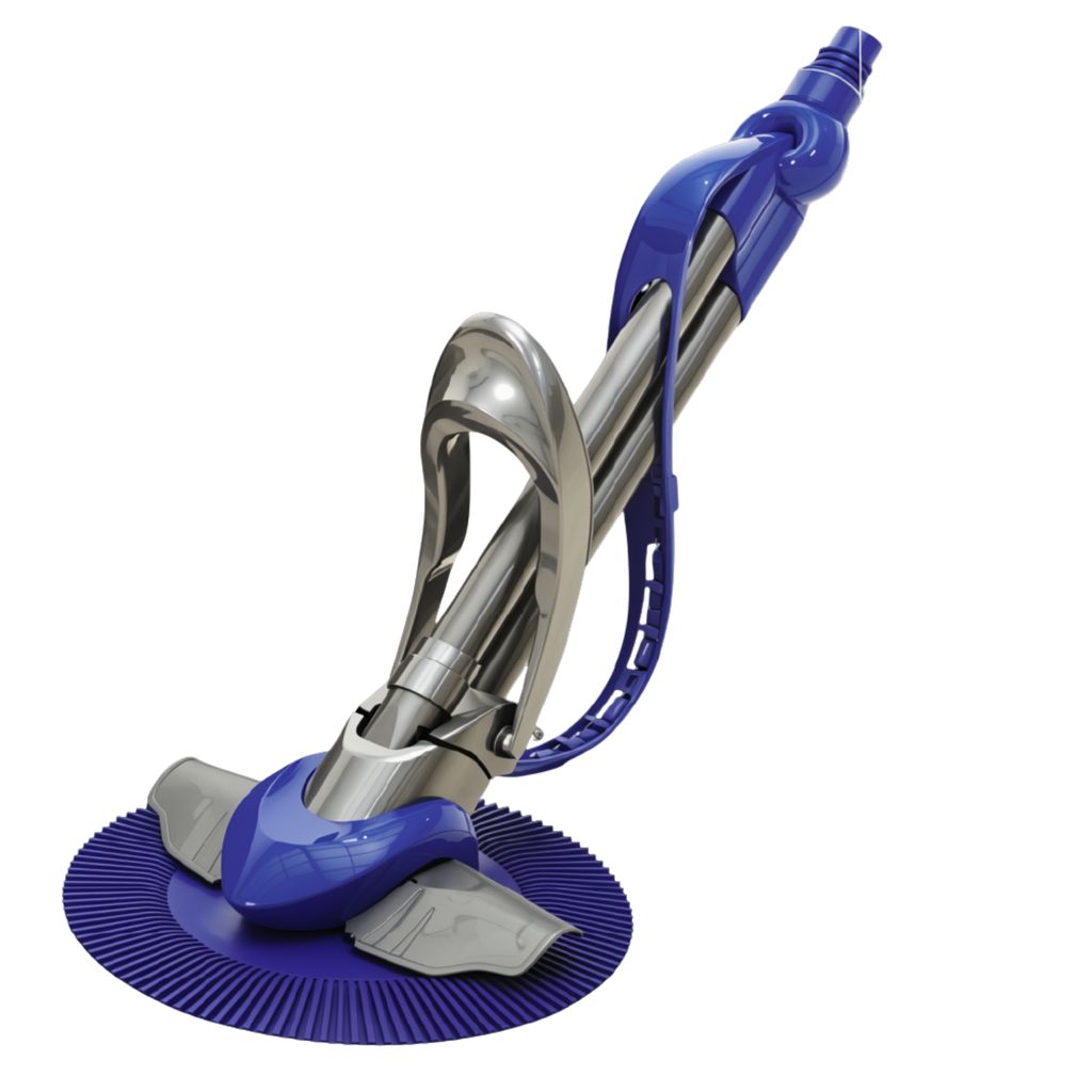 Kreepy Krauly Pro Pool Cleaner in blue and silver with circular bristle base and articulated suction arm on white background