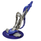 Kreepy Krauly Pro Pool Cleaner in blue and silver with circular bristle base and articulated suction arm on white background