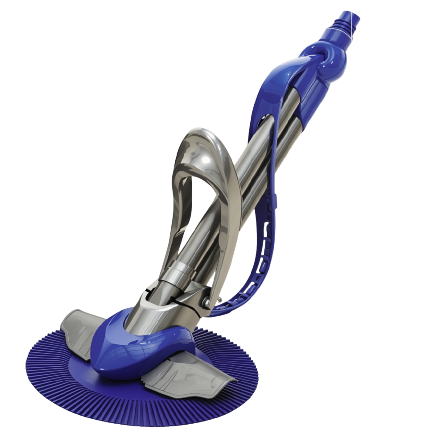 Kreepy Krauly Pro Pool Cleaner in blue and silver with circular bristle base and articulated suction arm on white background