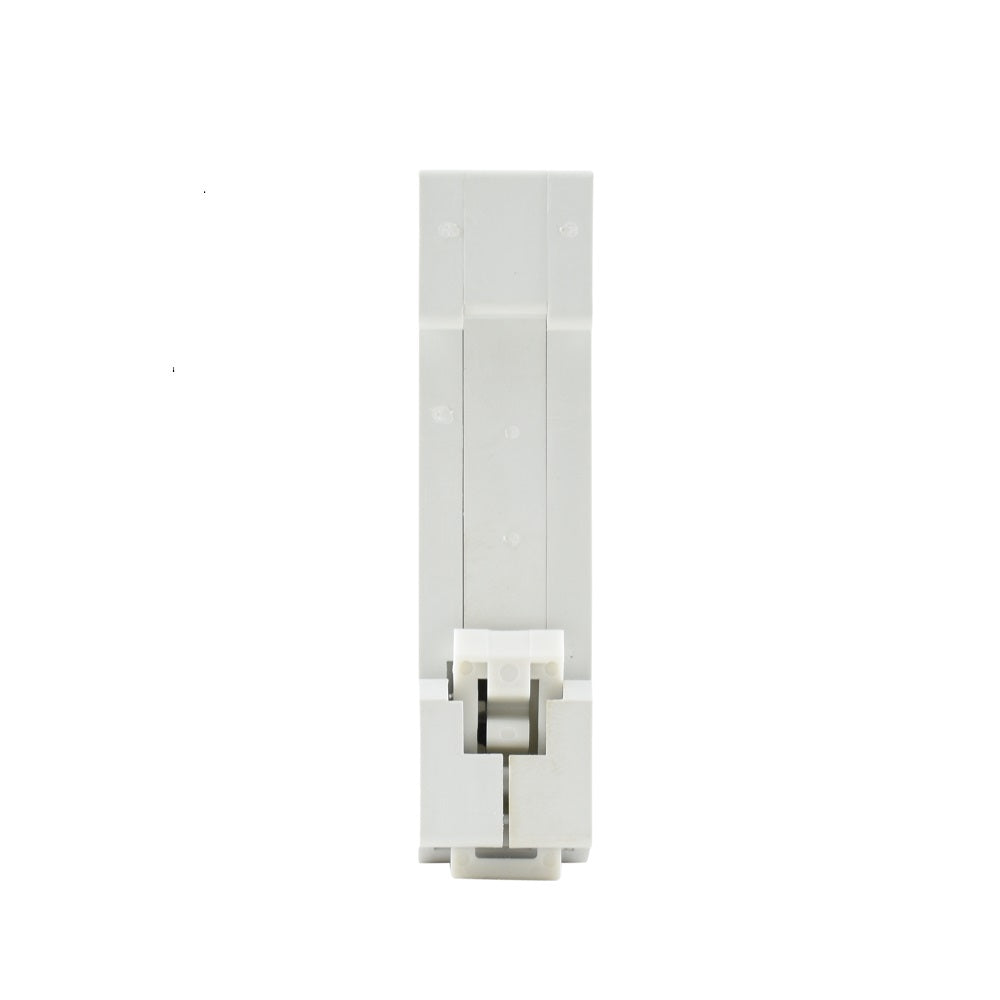Double pole isolator side view showing grey plastic housing with DIN rail clip and metal latch mechanism, 32A rating