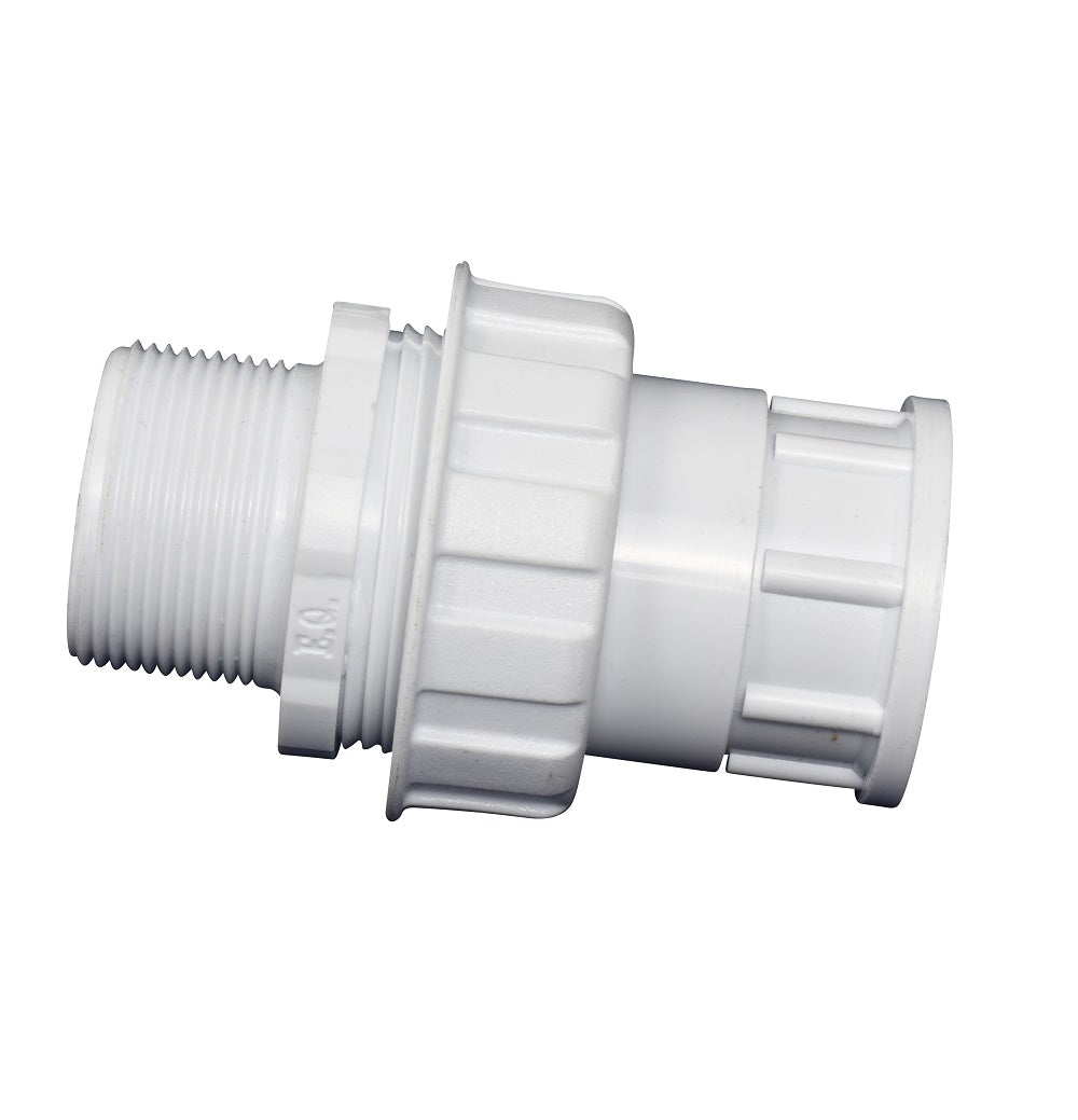 White PVC tank union fitting 40mm with male threaded end, ribbed collar, and slip socket connection