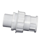 White PVC tank union fitting 40mm with male threaded end, ribbed collar, and slip socket connection