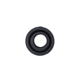Black PVC pipe reducer fitting 50mm to 25mm with embossed size markings, front-facing circular view on white background