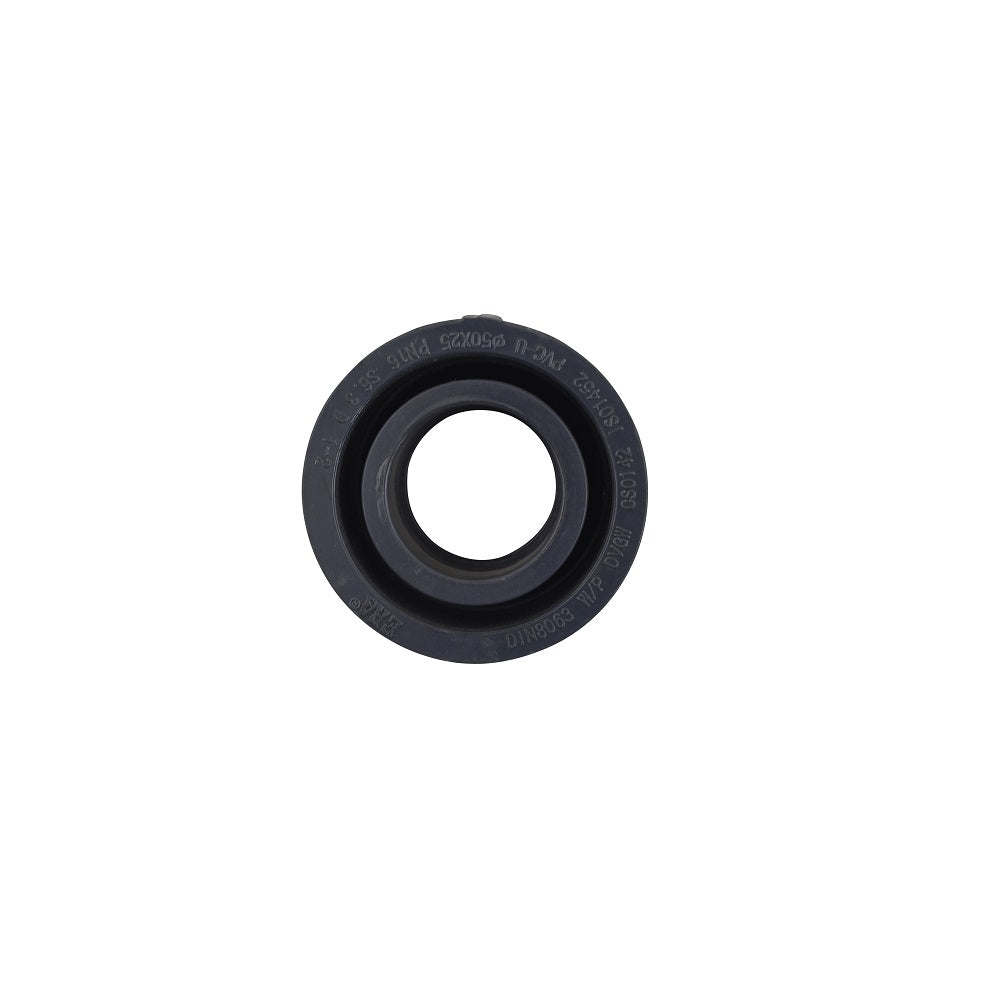 Black PVC pipe reducer fitting 50mm to 25mm with embossed size markings, front-facing circular view on white background