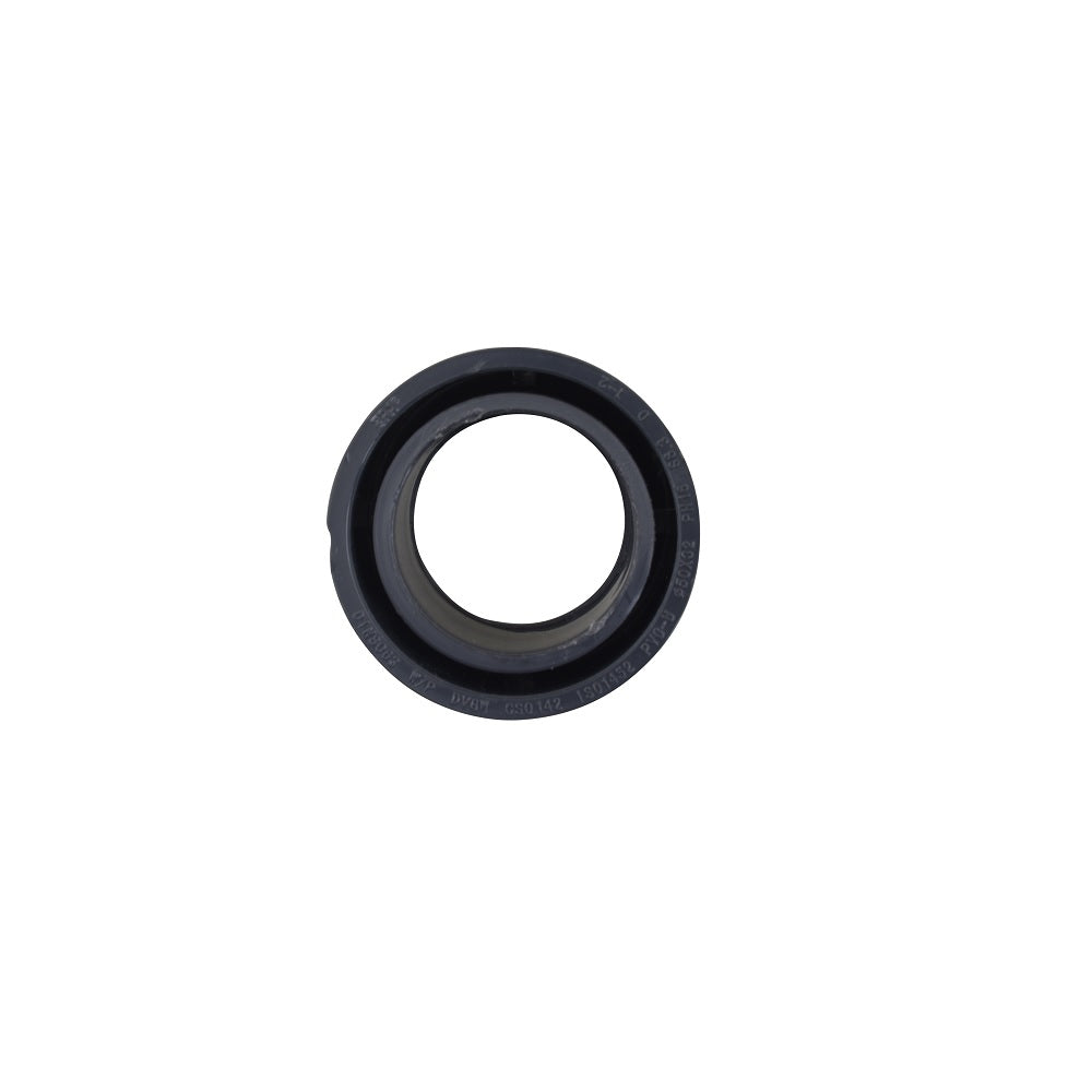 Black PVC reducer fitting 50mm to 32mm with smooth bore, circular profile and embossed size markings on outer rim