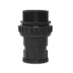 Black plastic union pipe fitting with threaded male top, ribbed locking collar, and 50mm slip socket base