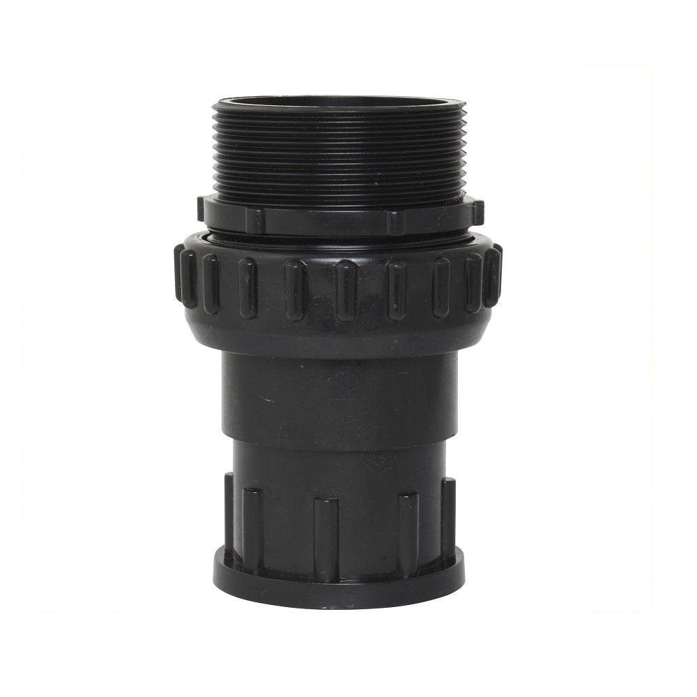 Black plastic union pipe fitting with threaded male top, ribbed locking collar, and 50mm slip socket base