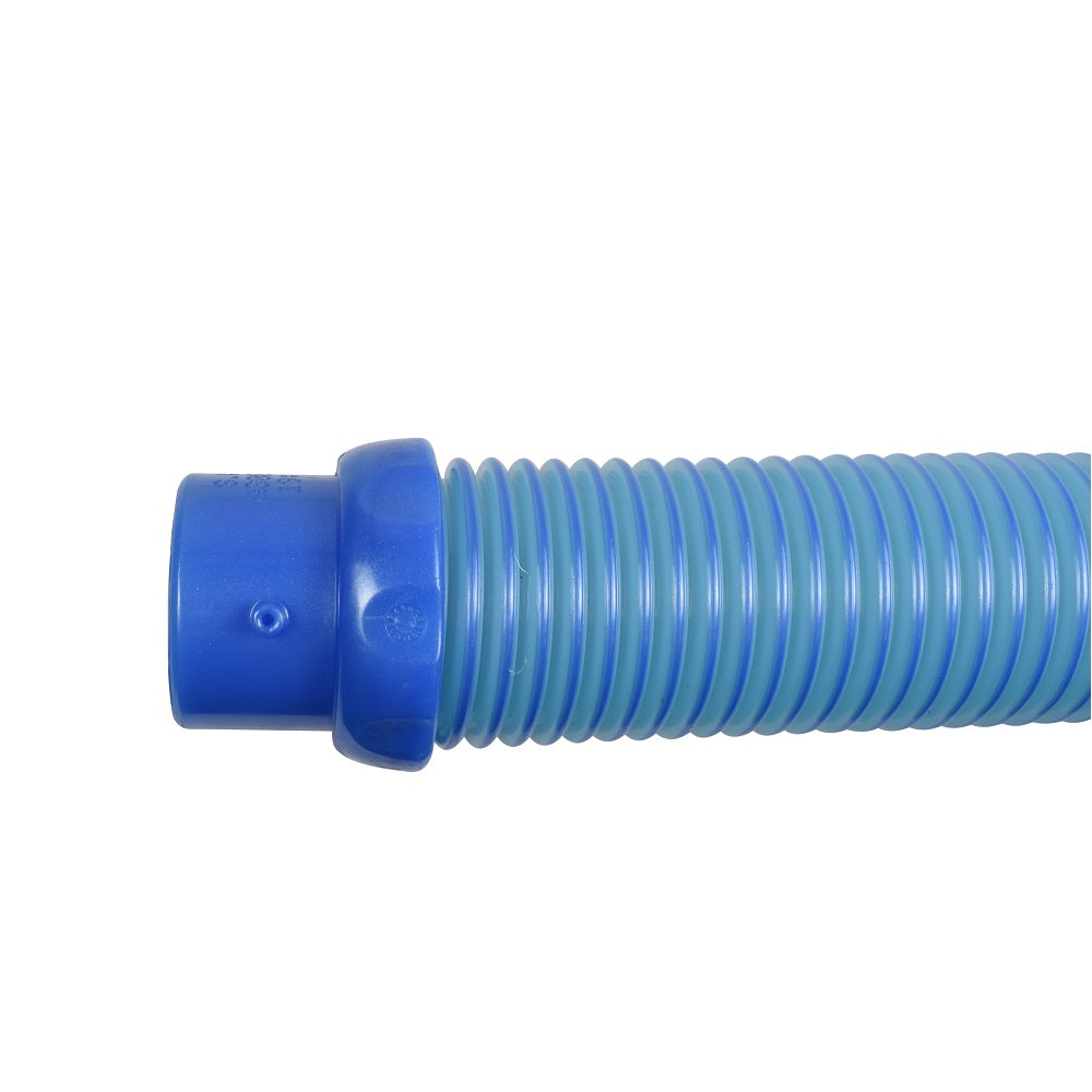 Zodiac pool cleaner hose, translucent light blue corrugated flexible tubing with dark blue twist-lock connector cuff on white background