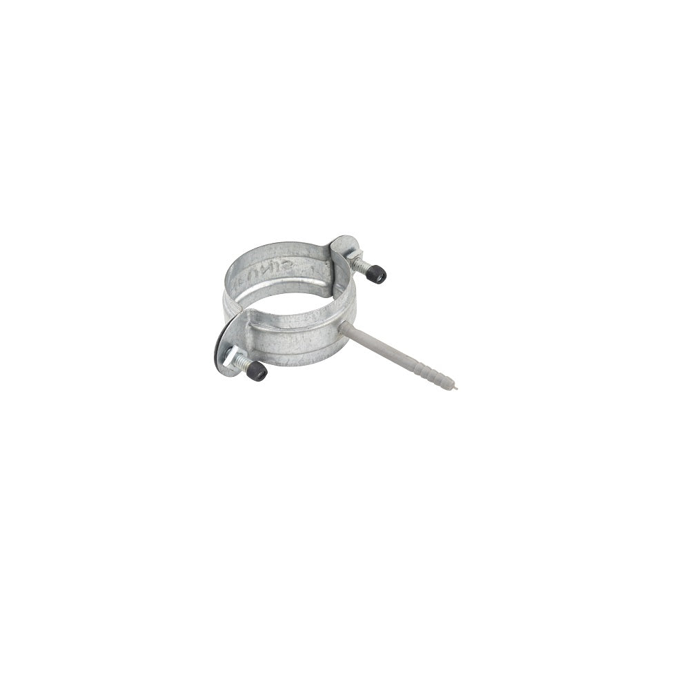 Galvanised steel round pipe clamp 50mm with nail-in anchor pin and two fixing bolts on white background
