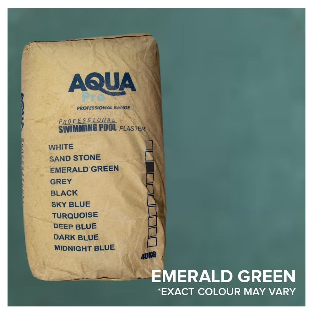 Aqua Pro Marbelite Emerald Green 40KG kraft paper bag of professional swimming pool plaster against an emerald green background