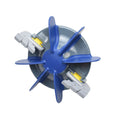 Zodiac MX8 Elite scrubber assembly with blue plastic impeller blades, grey scrubbing pads and yellow connectors, top-down view