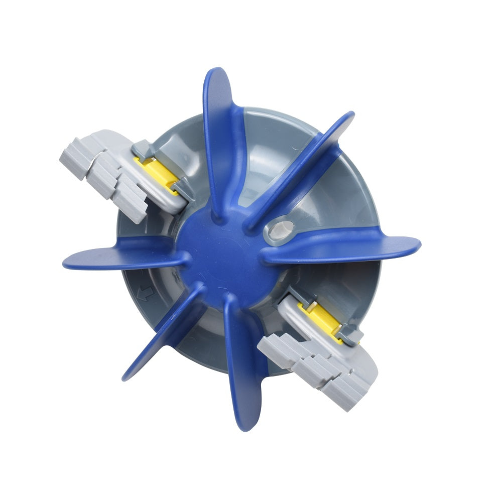 Zodiac MX8 Elite scrubber assembly with blue plastic impeller blades, grey scrubbing pads and yellow connectors, top-down view