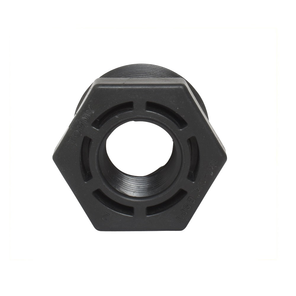 Black PVC threaded reducer bush 40mm-20mm hexagonal shape with central bore and slotted flange, solar pipe fitting
