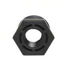 Black PVC threaded reducer bush 40mm-20mm hexagonal shape with central bore and slotted flange, solar pipe fitting