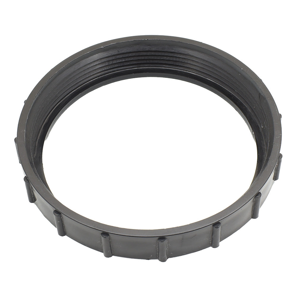 Black plastic spa filter locking ring with internal threading and ribbed outer edge for grip