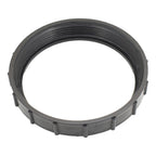 Black plastic spa filter locking ring with internal threading and ribbed outer edge for grip