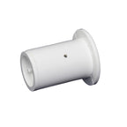 White plastic barrel bolt body with cylindrical tube, flanged end, and small centre hole on white background