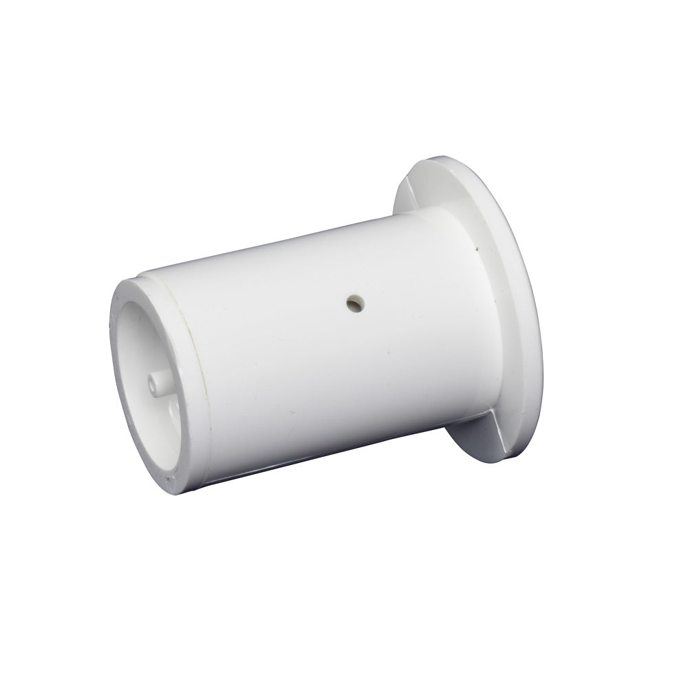 White plastic barrel bolt body with cylindrical tube, flanged end, and small centre hole on white background