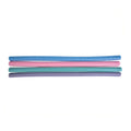 Four foam pool noodles in blue, pink, teal and purple laid side by side on white background