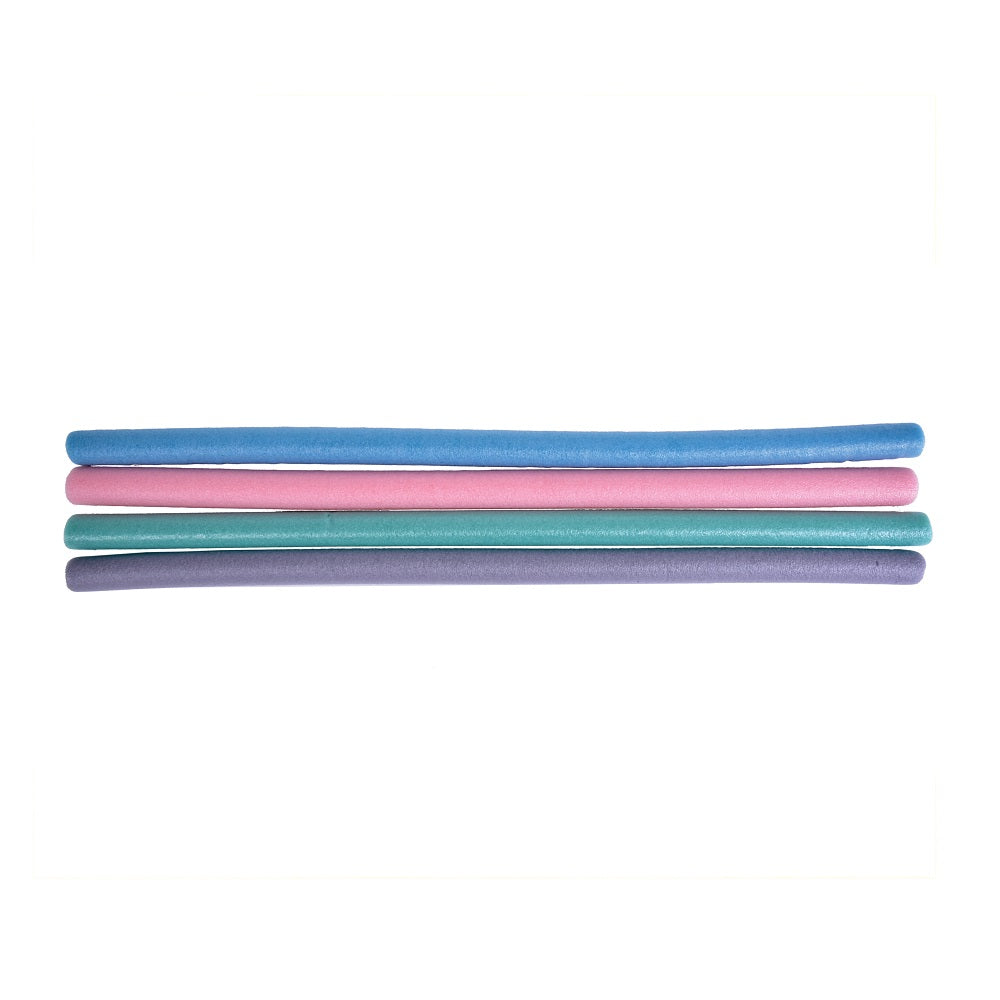 Four foam pool noodles in blue, pink, teal and purple laid side by side on white background