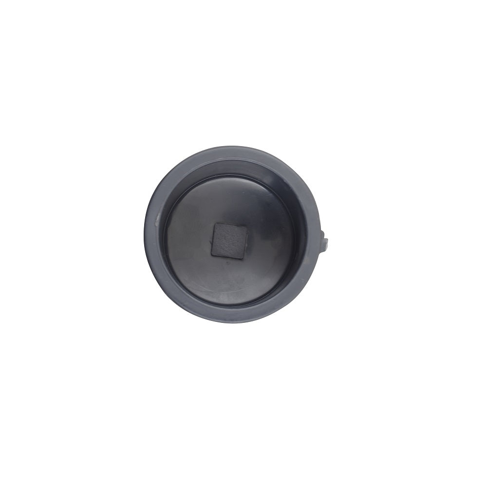 Grey PVC 63mm round end cap fitting with raised square centre knob, top-down view