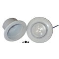 White plastic LED pool light fitting with clear dome lens, mounting housing, blue cable, and two black rubber grommets shown disassembled