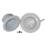 White plastic LED pool light fitting with clear dome lens, mounting housing, blue cable, and two black rubber grommets shown disassembled