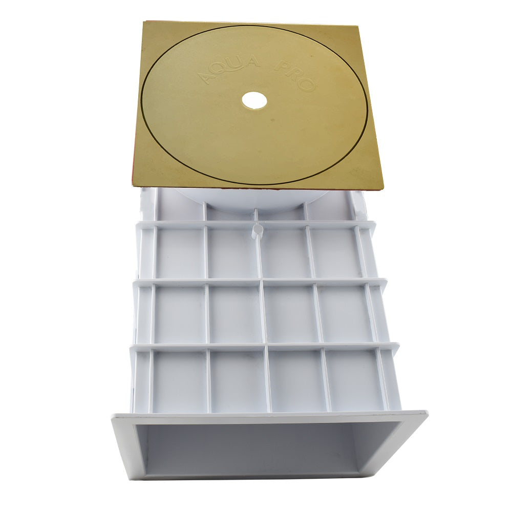 Aqua Pro white plastic weir box with gold square lid, centre hole, and multi-compartment internal grid tray