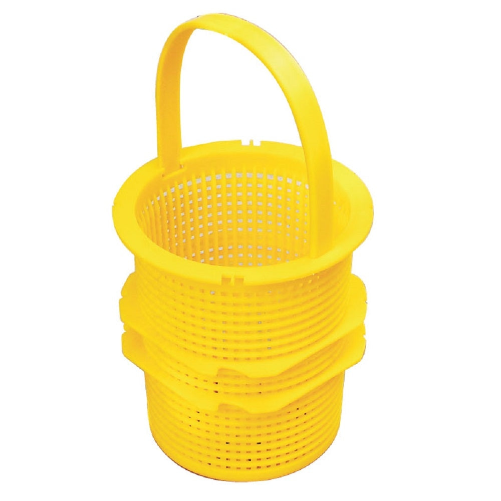 Yellow perforated plastic Speck 90 Pump Basket with carry handle and threaded lower body, on white background