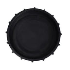 Black plastic bio filter lid with serrated locking rim and concentric ribbed surface, top-down view