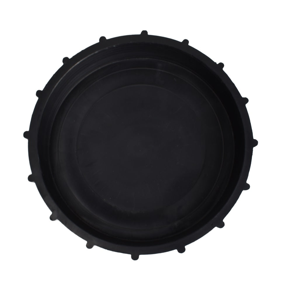 Black plastic bio filter lid with serrated locking rim and concentric ribbed surface, top-down view