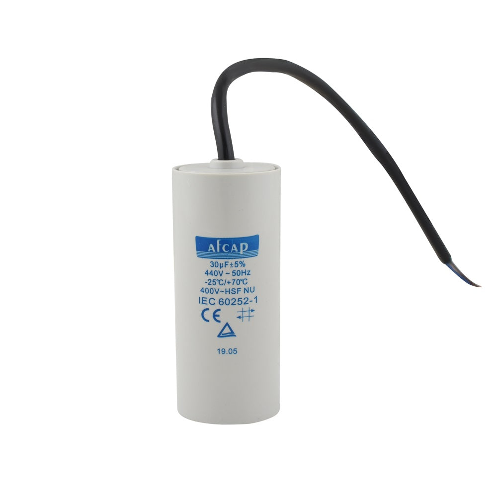 Motor run capacitor 30µF white cylindrical body with black lead cable, AFCAP branded, 440V 50Hz IEC 60252-1 rated