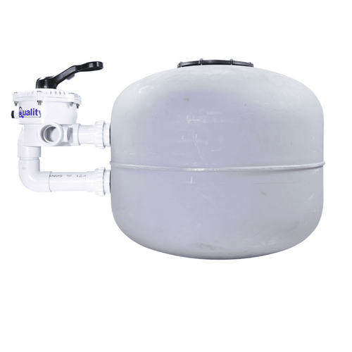 Grey fibreglass pool sand filter tank with white side-mount multiport valve and black handle on white background